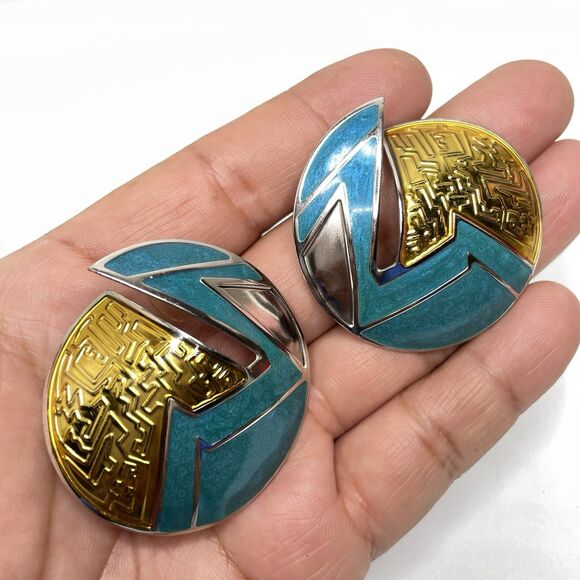 Unique Vintage Edgar Berebi Enamel Silver Tone Statement Stud Earrings Pierced - Picture 5 of 7